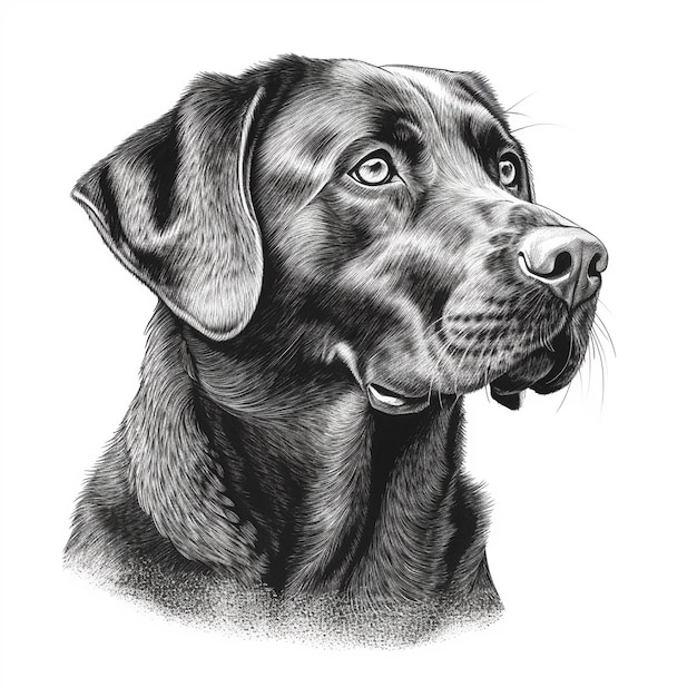 Labrador cão gravura estilo closeup retrato desenho preto e branco animal bonito animal de estimação favorito