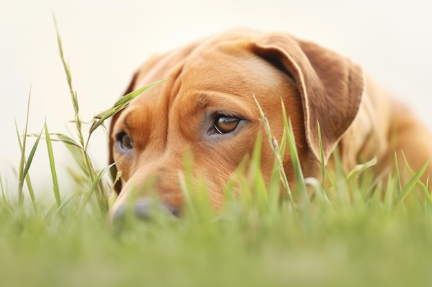 Labrador castanho a cavar na grama verde