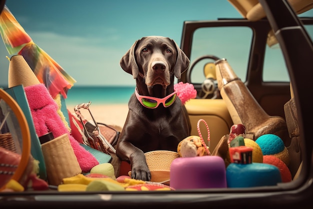 Labrador com óculos de sol cercado por itens de praia bonito e divertido conceito de férias