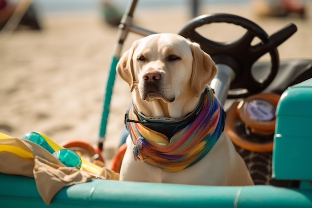 Labrador com óculos de sol cercado por itens de praia bonito e divertido conceito de férias