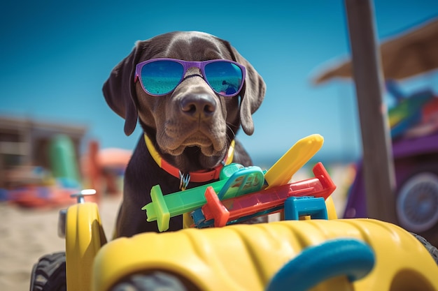 Labrador com óculos de sol cercado por itens de praia bonito e divertido conceito de férias