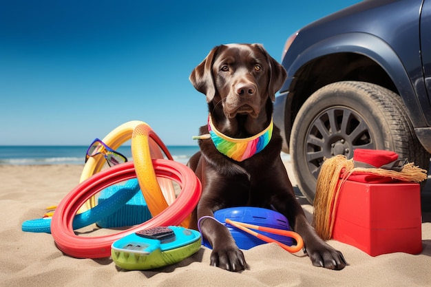 Labrador com óculos de sol cercado por itens de praia bonito e divertido conceito de férias