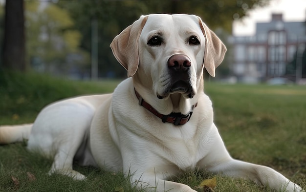 Labrador está sentado en el césped en el parque profesional de publicidad post foto AI generado