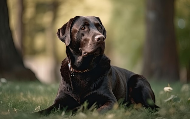 Labrador está sentado en el césped en el parque profesional de publicidad post foto AI generado