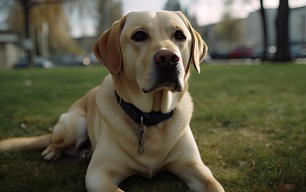 Labrador está sentado na grama no parque profissional de publicidade post foto ai gerado