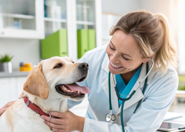 Labrador feliz en el veterinario