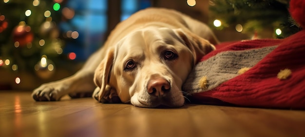 Labrador festivo junto al árbol