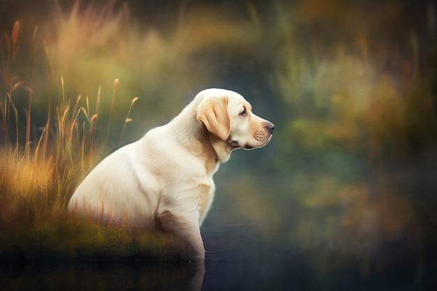 Labrador-Hund auf Garten-Bokeh-Hintergrund