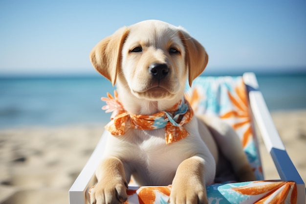 Labrador-Hund mit Sonnenbrille am Strand Generative KI