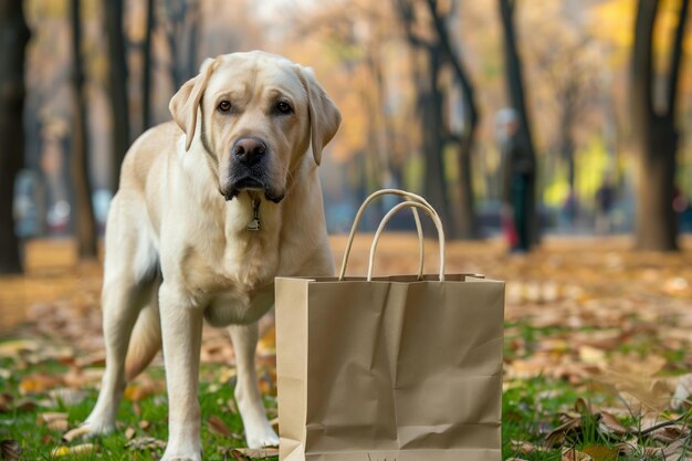 Foto labrador mit einer papiertüte, die in einem park steht