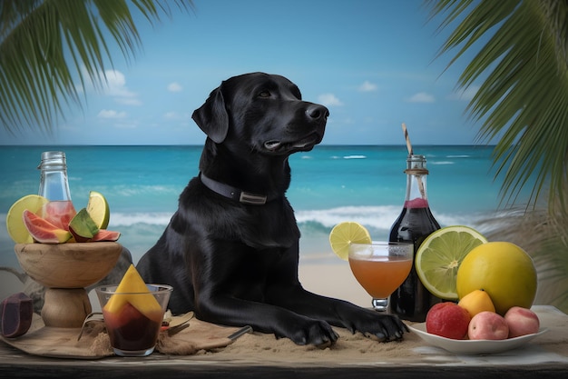 Un labrador negro se sienta en una mesa con frutas y bebidas.