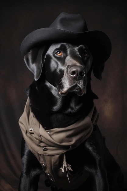 Labrador negro con sombrero de vaquero y bufanda IA generativa