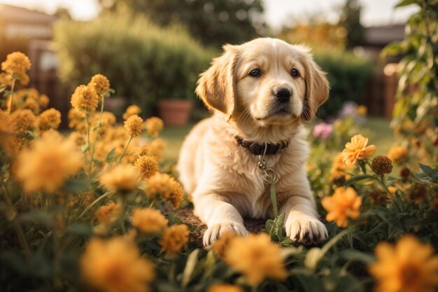 Labrador Perro cachorro jugando al aire libre en el jardín al atardecer con una flor