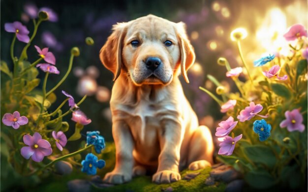 Labrador Perro cachorro jugando al aire libre en el jardín al atardecer con una flor