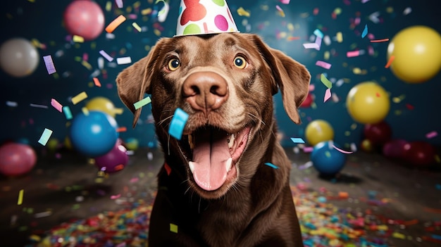 Labrador Retriever alegre con una brillante gorra de cumpleaños rodeado de coloridos confeti y globos un delicioso pastel para perros en el frente capturando la emoción y la felicidad del perro