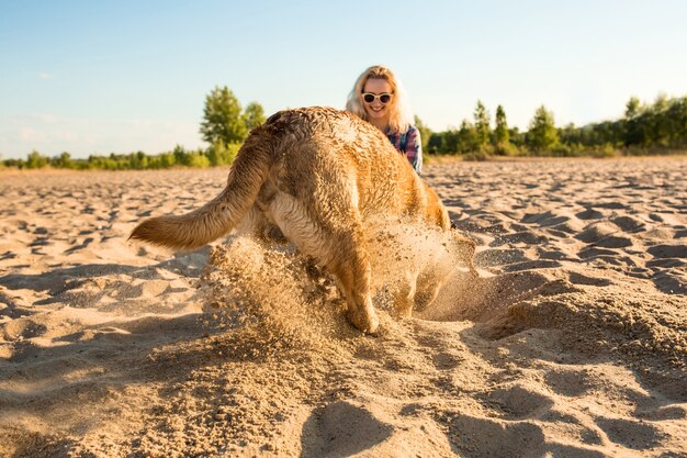 Labrador retriever amarillo cavando en la arena de una playa en un día soleado