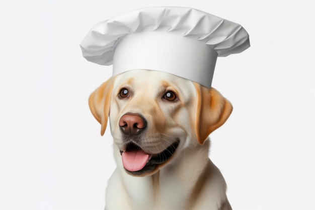 Labrador Retriever bonito sorrindo usando um chapéu de chef branco isolado em um fundo branco sólido