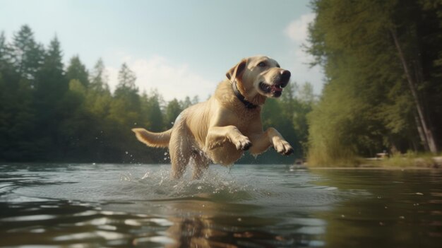 Un Labrador Retriever buceando en un lago para buscar un palo