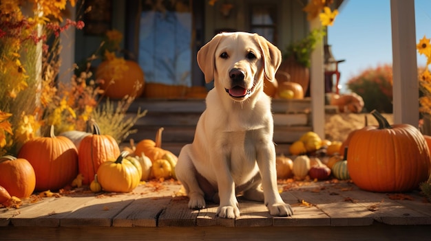 Labrador retriever cachorro na varanda com abóboras durante a estação de colheita de outono Generative Ai