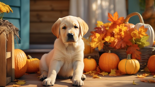 Labrador retriever cachorro en el porche con calabazas durante la temporada de cosecha de otoño Generativo Ai