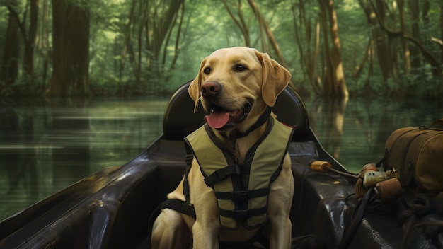 Un Labrador Retriever con un chaleco salvavidas disfrutando de un paseo en bote Full HD