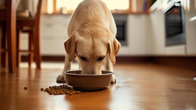Labrador-Retriever-Hund isst Nahrung aus einer Schüssel auf dem Boden
