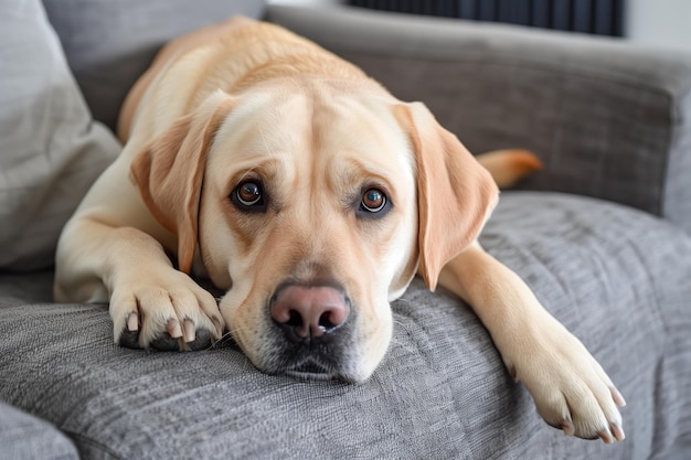 Labrador-Retriever-Hund liegt zu Hause in Nahaufnahme auf dem Sofa