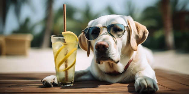 Labrador Retriever Hund macht Sommerurlaub im Badeort und entspannt sich am Sommerstrand von Hawaii