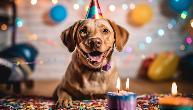 Labrador-Retriever-Hund mit Geburtstagstorte und Partyhut. Niedliches Haustier, das seinen Geburtstag feiert