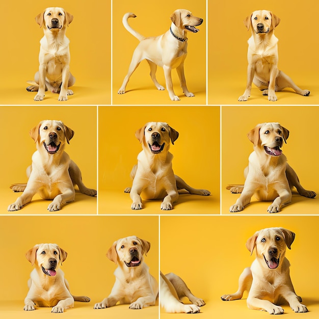 Foto labrador retriever lindo y gracioso en diferentes poses sobre un fondo amarillo claro
