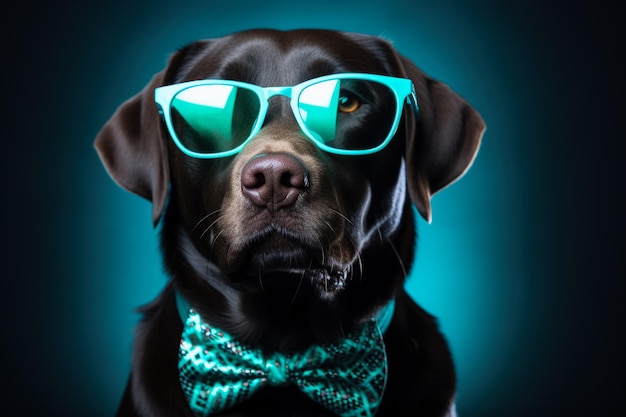 Labrador Retriever luce gafas que brillan en la oscuridad 2023 y una brillante pajarita navideña