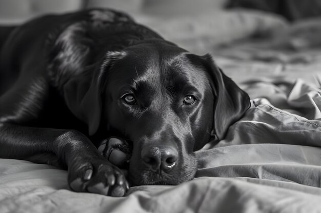 El Labrador Retriever Negro acostado en la cama