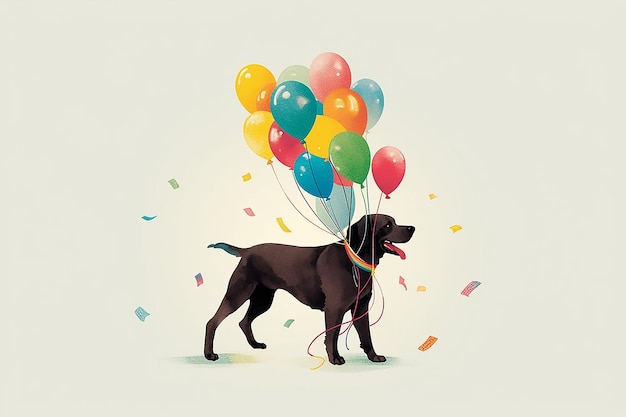 Labrador Retriever negro con globos de colores en un fondo aislado