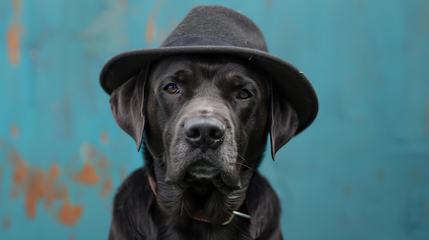 Un Labrador Retriever negro con un sombrero negro está mirando a la cámara con una expresión seria en su cara