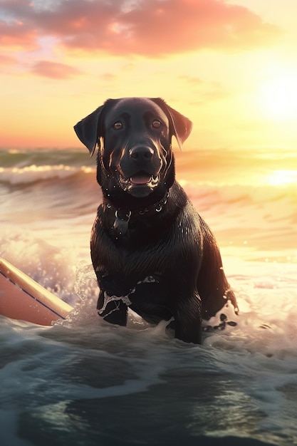 Labrador retriever negro surfista en una tabla de surf