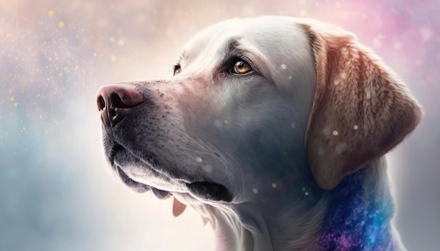 Labrador Retriever Perro Plano medio Blanco Rosa Azul Fantasía mágica Bokeh IA generativa