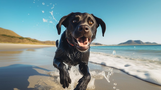 Labrador retriever preto correndo oceano praia papel de parede arte gerada por IA