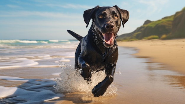 Labrador retriever preto correndo oceano praia papel de parede arte gerada por IA