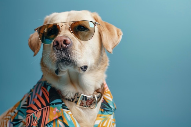 Labrador Retriever con ropa y gafas de sol en un fondo azul