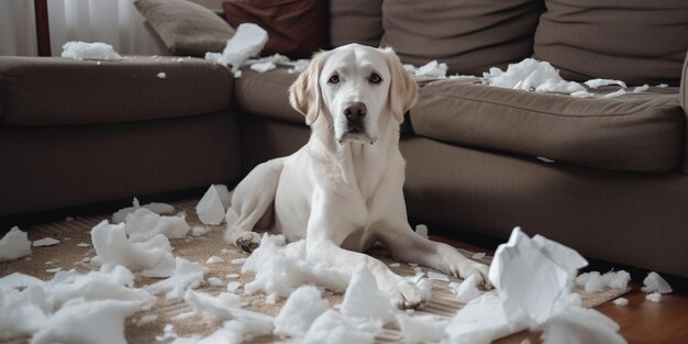 Labrador Retriever sitzt in der Nähe einer zerrissenen Kutsche