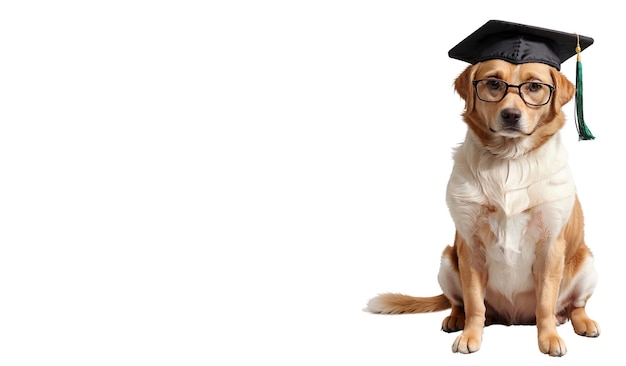 Labrador Retriever con sombrero de graduación y gafas aisladas sobre un fondo blanco