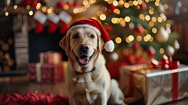 Labrador Retriever sonriendo con un sombrero navideño en el fondo navideño