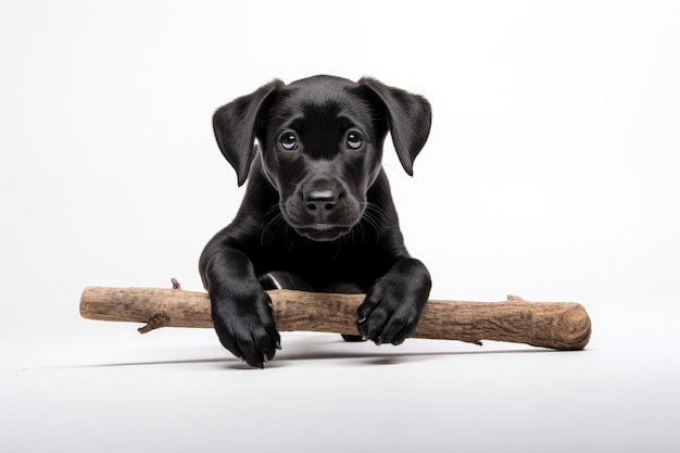 Labrador Retriever Welpe spielt auf weißem Set