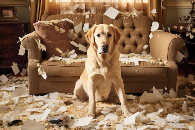 Foto labrador-schelmischer spielerischer hund inmitten der sofa-zerstörung