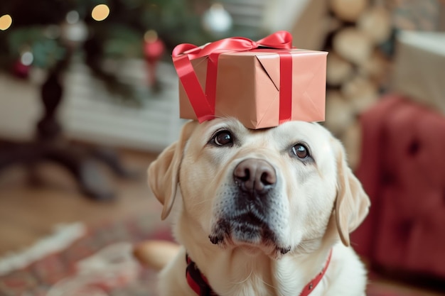 Foto labrador sentado con una caja de regalos equilibrada en la nariz