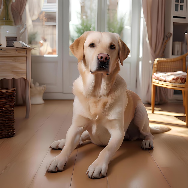 Foto labrador sentado en la sala de estar con fondo de crema sólido claro