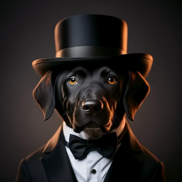 Labrador con sombrero de copa negro, esmoquin negro y pajarita IA generativa