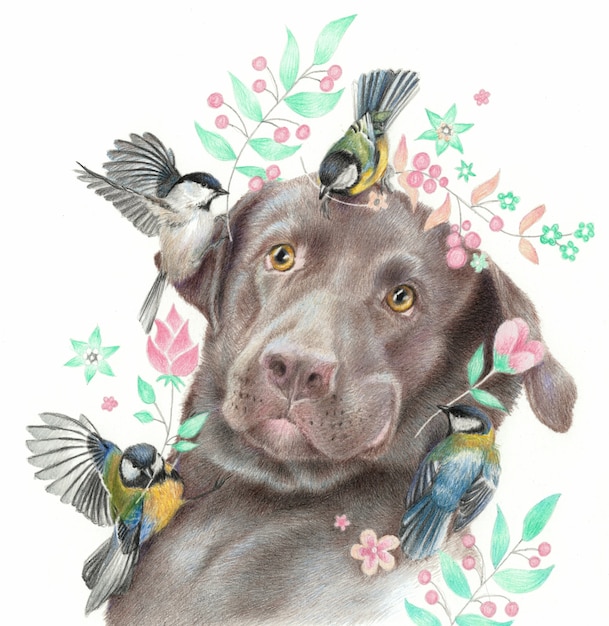 Labrador surpreso e passarinhos. Desenho realista de um cão e chapins isolados em um fundo branco. Esboce lápis de cor.