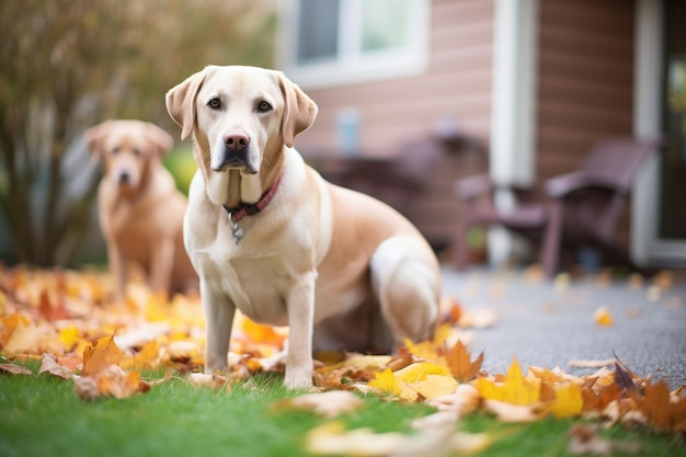 Labradors, die mit dem Schwanz schwenken, in einem im Herbst mit Blättern bedeckten Hof