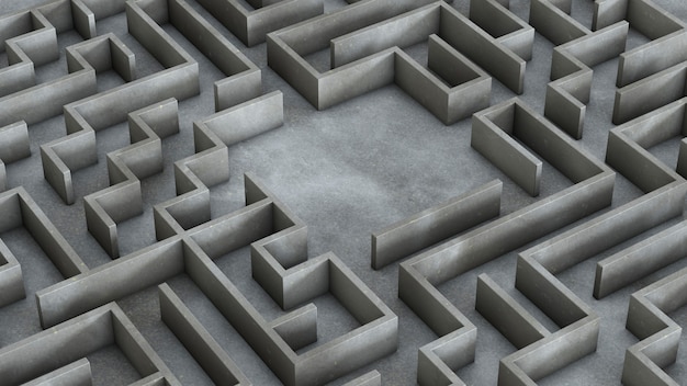 Labyrinth mit Betonwänden und einem leeren Bereich im Inneren. 3D-Rendering.